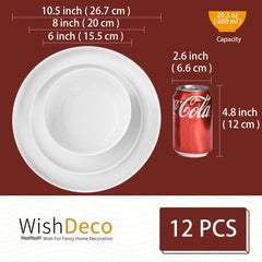 Service de table 12 pièces, service de table en porcelaine pour 4 personnes, service de table blanc avec assiettes, assiettes à dessert et bols à céréales