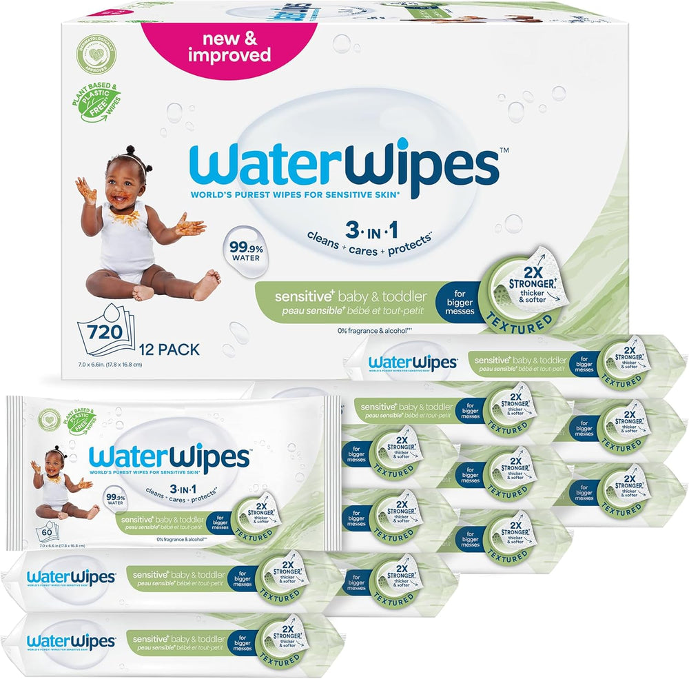 WaterWipes Sensitive+ Lingettes humides pour bébés et tout-petits, 720 unités (paquet de 12), nettoyage 3 en 1, entretien, protection, 99,9 % d'eau, nettoyage texturé, sans parfum