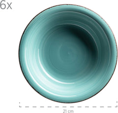 MÄSER Bel Tempo II Teller-Set for 6 Personen im modernen Vintage Look, 12-teiliges Tafelservice, handbemalt, Türkis, Steingut, 27 centimètres