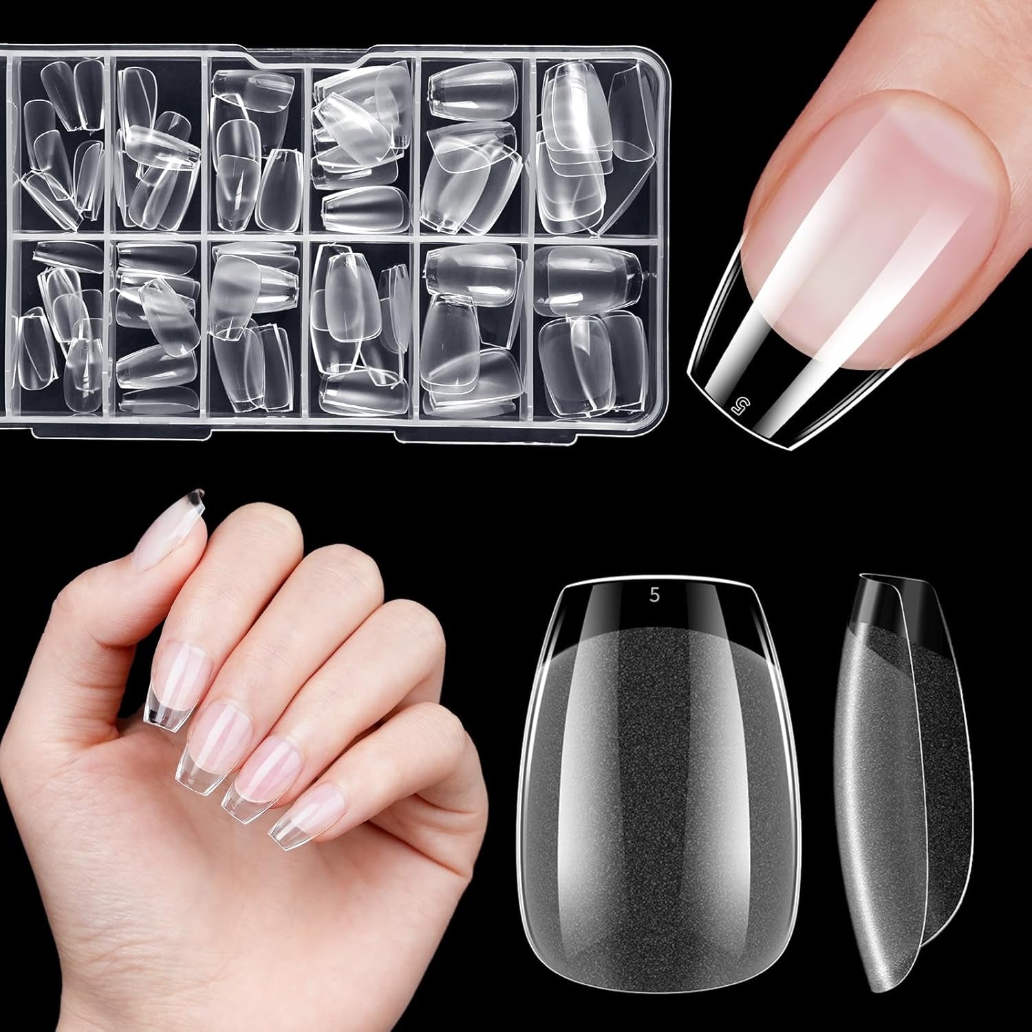 Unghii false scurte, model balerină, 120 bucăți, pentru lipire, 12 dimensiuni, unghii artificiale scurte, gel moale, acoperire completă, vârfuri de unghii pentru unghii cu gel scurte, S