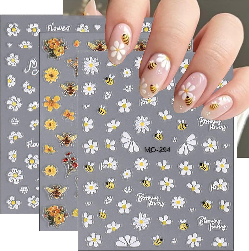 3 StĂŒck Nagelsticker Set-Selbstklebende Nagelfolie Mit Blumen- Und Bienenmotiven-Nail Art Sticker FĂŒr Kreatives Nageldesign-Nageltattoos Und Zubehör