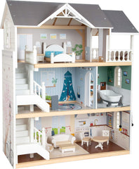 Small Foot Maison de poupée en bois à 3 étages avec façade ouverte et 12 meubles pour 3 ans et plus 11802 Blanc Gris