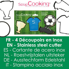 SCRAP COOKING 4 Forme de Biscuiți cu Forme de Fotbal – Forme de Biscuiți din Oțel Inoxidabil – Forme de Fotbal, Tricou, Pantofi, Pahar – Forme pentru Torturi Mici – Accesorii de Coacere, Decorațiuni de Ziua de Naștere – 2086