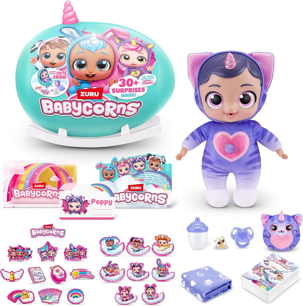 Babycorns Serie 1 de ZURU Magic Babypuppe Katze (Poppy) avec accessoires, jeu de déballage surprise pour enfants et filles