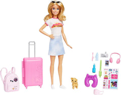 Poupée Barbie, Barbie de voyage aux cheveux blonds, plus de 10 accessoires de voyage, autocollants, valise, chiot, comprend 1 poupée, cadeau pour enfants, jouet à partir de 3 ans, HJY18
