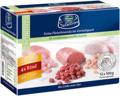 Dehner Premium Katzenfutter Sensitive Multipack, Nassfutter, pour ernährungsensible Katzen, je 4 x Huhn / Rind / Pute, 12 x 100 g Sachet (1,2 kg)