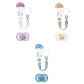 MAMAN | Sucette et chaîne de tétine, 6 mois et plus, sélection de couleurs aléatoires, anatomique, symétrique, en silicone, lavable, longueur réglable, compatible avec tous types de tétines