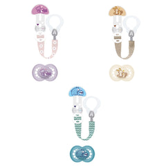 MAMAN | Sucette et chaîne de tétine, 6 mois et plus, sélection de couleurs aléatoires, anatomique, symétrique, en silicone, lavable, longueur réglable, compatible avec tous types de tétines
