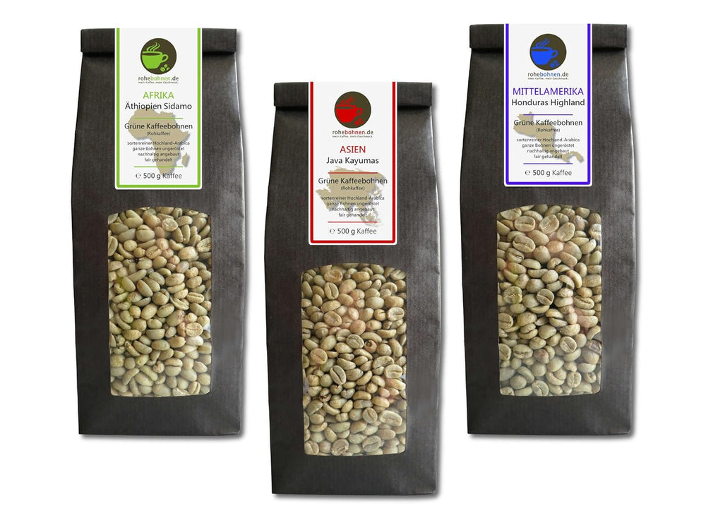 Café cru - Café vert biologique d'Ethiopie, Java, Honduras (emballage réduit en grains de café vert 3x500g) - Certifié GMP
