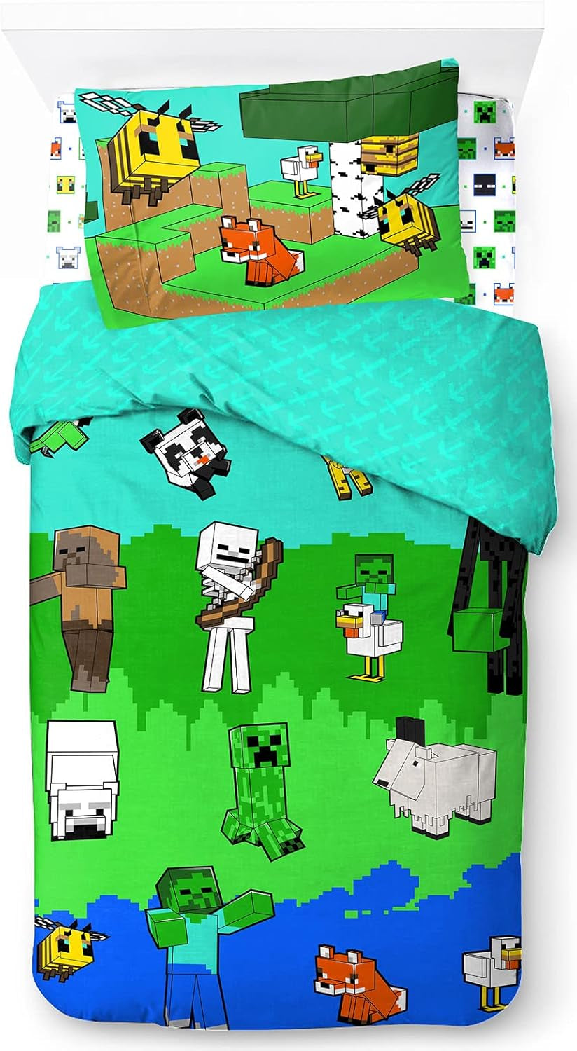 Lenjerie de pat pentru copii, unisex, printese si super eroi, 100% bumbac Lenjerie de pat - copii Naty Shop Multicolor - Minecraft 135X200/50X70 (3 Piece)