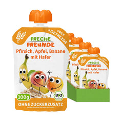 FRECHE FREUNDE Pêche Pomme Banane Avoine Purée de Fruits Bio avec Céréales dans un Sachet Pressable pour Bébés à partir de 6 Mois Vegan 6 Pack (6 x 100g)