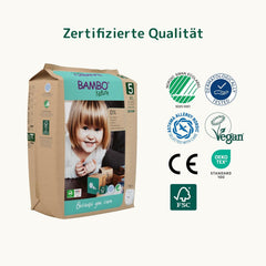 Couches Bambo Nature, taille 5 (11-17kg) - Boîte mensuelle de 95 | Couches avec protection améliorée contre les fuites | Confort et liberté ultimes pour les enfants actifs | Couches testées dermatologiquement