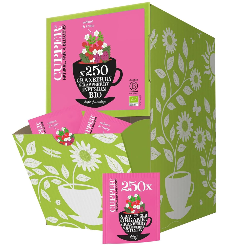 Cupper Thé aux fruits bio Canneberge Framboise | Thé à la framboise | 250 sachets de thé non blanchis | Grand paquet | Parfait pour le bureau | Écologique | Commerce équitable