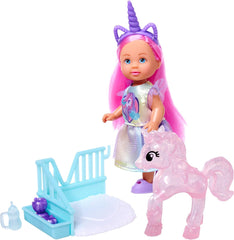 Simba Evi Love Unicorn Play Doll portant une jolie robe licorne avec un bandeau assorti, comprenant une licorne avec une écurie, des pommes et une gourde, 12 cm, à partir de 3 ans