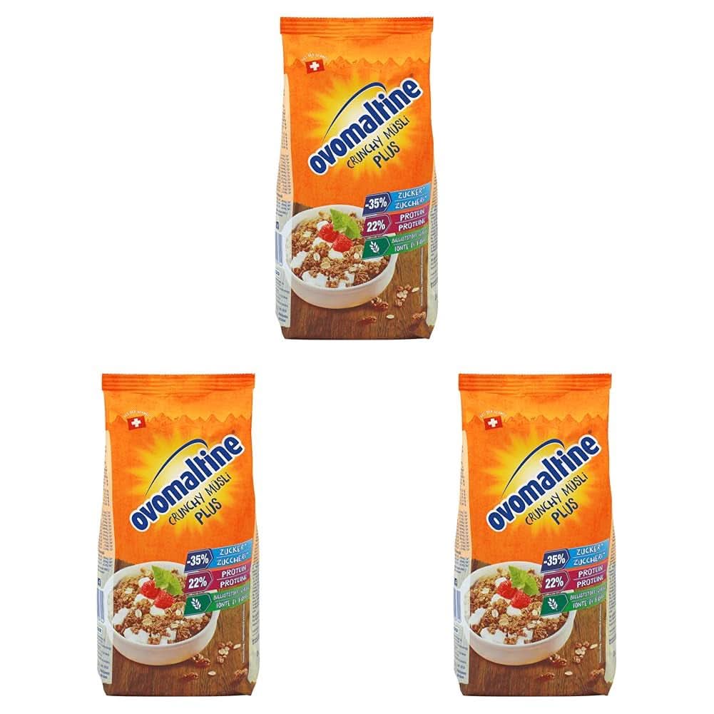 Ovomaltine Crunchy Protein Muesli plus - Crunchy cu fulgi de ovăz - Mix de cereale cu 22% proteine, 300 grame Naty Shop Set 3 x 300 grame Crunchy Protein Müsli (Reteta Noua)