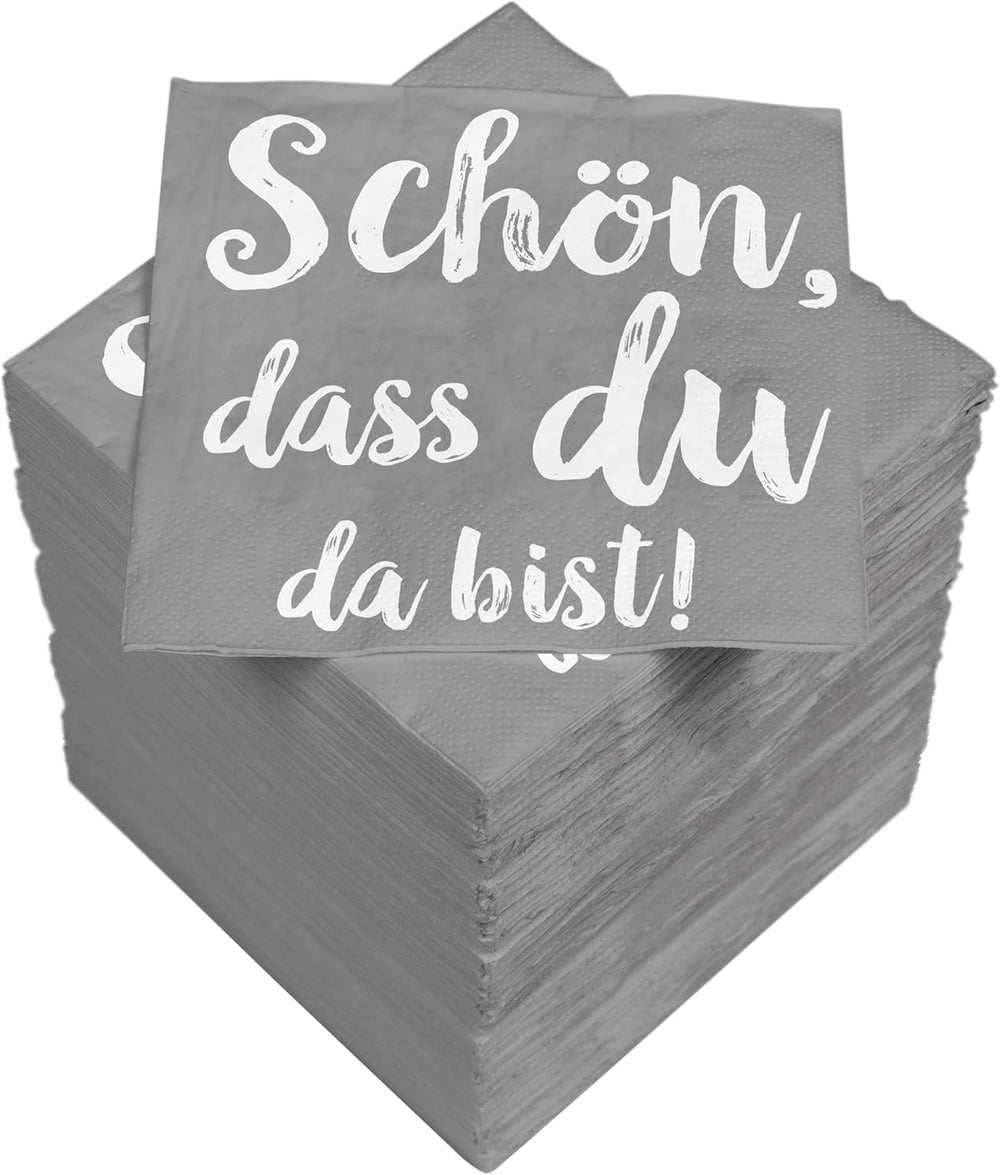 Serviettes de cocktail HEKU 'Schön Dass Du Da Bist', 3 couches, 25X25Cm, 150 pièces I Design élégant I Idéal pour les célébrations I Pratiquement emballé