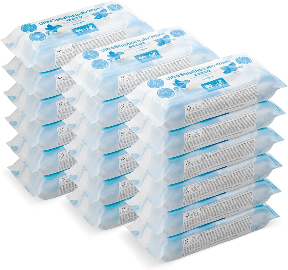 Șervețele umede pentru bebeluși ultrasensibile de la Amazon, 100% fibre vegetale, 99% apă, 1080 de șervețele, fără parfum, 18 pachete a câte 60 de șervețele fiecare (vândute anterior sub marca Mama Bear, produs identic)