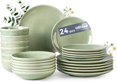 GBHOME Service de table en céramique pour 6 personnes, 24 assiettes et bols peints à la main, grès résistant aux rayures, passe au lave-vaisselle et au micro-ondes
