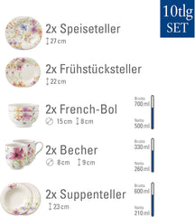 Villeroy & Boch Mariefleur Service de table pour 2 personnes, couleurs assorties, passe au lave-vaisselle, passe au micro-ondes, service de table floral, service de table, service combiné, porcelaine de qualité supérieure