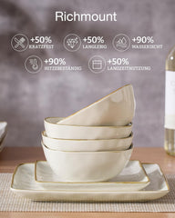 Service de table en grès pour 6 personnes Ocean Series, service de table carré de 18 pièces, service combiné d'assiettes, vernis réactif, vaisselle résistante aux rayures, Beige