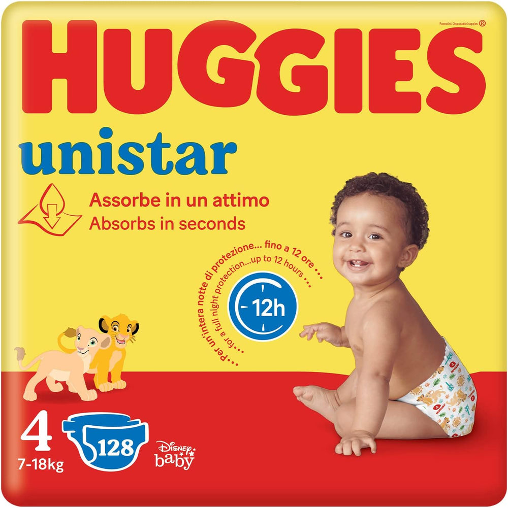 Couches Huggies Unistar, taille 4 (7-14 kg), paquet de 128 couches (de base)