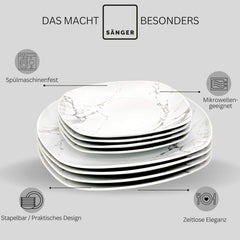 SANGER | Service de table combiné en marbre Bilgola, service de table 36 pièces pour 6 personnes avec assiettes plates, assiettes à dessert, assiettes Suma, bols à céréales, assiettes à café et soucoupes en porcelaine, carré | LA COLLECTION PREMIUM