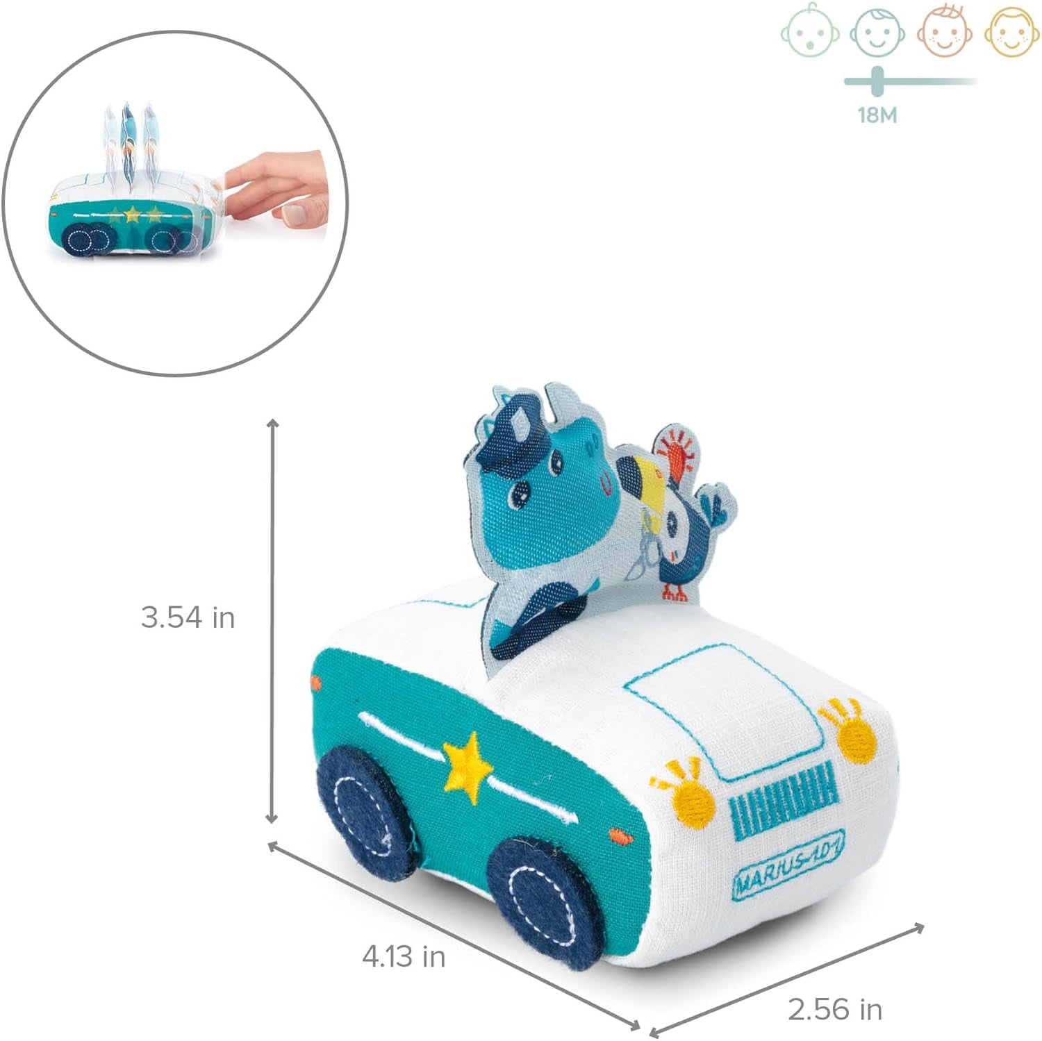 Lilliputiens - Mașina cu fricțiune Marius Rinocerul - Jucărie muzicală și senzorială - Încurajează abilitățile motorii, imaginația și creativitatea copiilor mici - Jucărie de învățare timpurie - De la 18 luni -83440 Jucarii Bebe Naty Shop