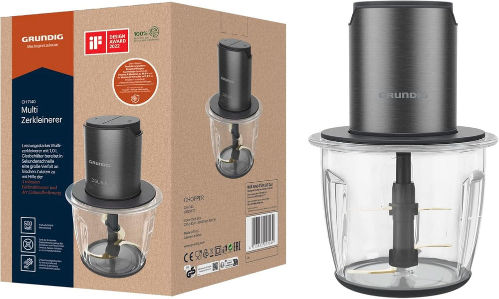 Grundig Delisia Novus CH 7140 Appareils multi-usages professionnels, 500 watts, 4 ustensiles de cuisine avec revêtement en zirconium, 1L de récipients en verre, 2 étages, sous-couches antidérapantes, inox foncé/noir Cuisine Naty Shop
