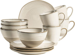 MÄSER 931818 Set de veselă Nottingham Vintage Series pentru 4 persoane, serviciu de mic dejun cu 12 piese cu forme rotunjite neregulate în aspect retro, gresie, bej
