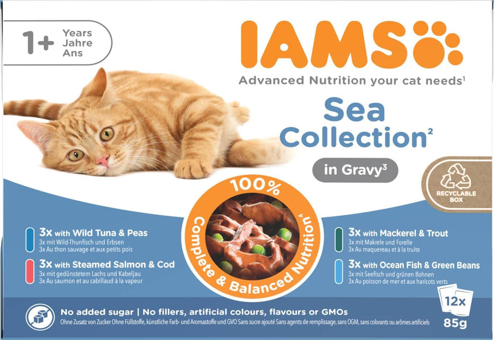 IAMS Delights Sea Collection Katzenfutter Nass - Multipack mit Fisch Sorten (Lachs, Thunfisch, Maquereau, Seefisch) en Sauce, Nassfutter für Katzen à partir de 1 janvier, 12 x 85g