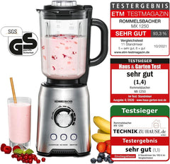 ROMMELSBACHER Batteur sur socle MX 1250-22 000 U/Min, Stufenlose Drehzahlregulierung, Funktionsstasten (Smoothie, Clean/Pulse, Ice Crush), Glaskrug, Edelstahlgehäuse, Spezialmesser, 1200 Watt Kitchen Naty Shop