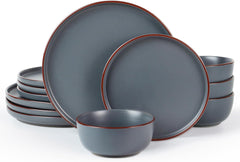 Service de table Mercury, service de table 12 pièces, service de table en grès pour 4 personnes avec assiettes plates, assiettes à dessert, bols à céréales, passe au micro-ondes et au lave-vaisselle, gris anthracite