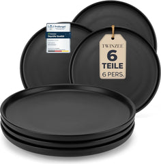 Ensemble d'assiettes en grès pour 6 personnes – Noir mat, 6 pièces, grandes assiettes allant au micro-ondes, design élégant – Collection Twinzee Ebony