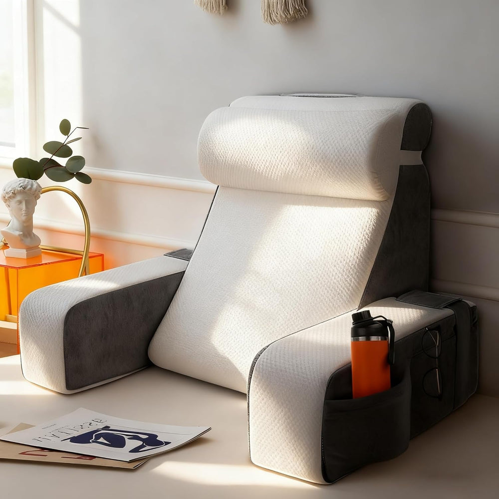 Grand coussin de lecture avec repose-nuque et accoudoirs amovibles, coussin de dossier pour lit, coussin de dos ergonomique avec bras, poche et housse lavable pour lire et regarder la télévision.
