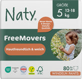 Couches pour bébé Naty FreeMovers | Couvre-couches certifiés respectueux de la peau | Doux et sans parfum | Absorbant et étanche | Testé dermatologiquement Taille 5 (12-18 kg) | 80 pièces