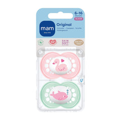 Sucettes MAM originales | 6-16 lundi | Sucettes pour bébé | Accepté par 94% | Convient à l'allaitement | Recommandé par les sages-femmes | Respectueux des dents | Silicone SkinSoft | Cygne/Dauphin | Paquet de 2