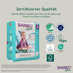 Couches Bambo Nature pour bébés, taille 4 (7-14 kg), 144 pcs, boîte mensuelle | Couches haut de gamme avec protection améliorée contre les fuites | Confort et liberté ultimes pour les enfants actifs | Couches testées dermatologiquement