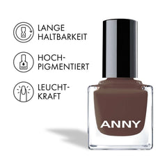 Oja ANNY – Oja colorată de înaltă calitate, cu strălucire de lungă durată, rezistentă la ciobire și cu uscare rapidă, culoare: roșu soră - maro mocha elegant - 15 ml