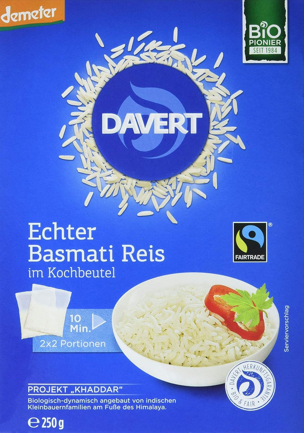 Riz Basmati bio Davert en sachets cuisson, 2 sachets, 250g