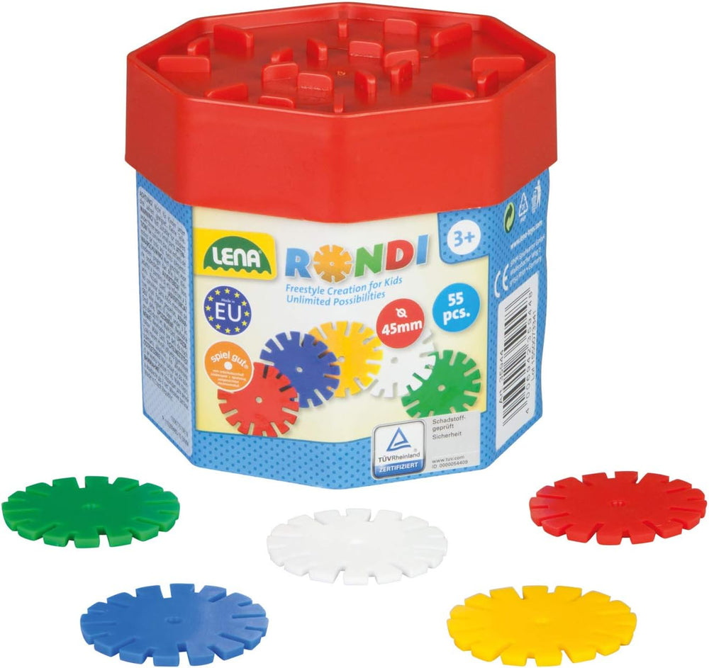 Lena 35946 Steckspiel Rondi 45 à Baudose, 55 Teile à Bunten Farben, env. 45 mm, 3 ans à 10 ans, Konstruktionsspielzeug mit Steckteilen, Mehrfarbig