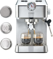 Caso Espresso Gourmet - Machine à expresso porte-filtre en acier inoxydable, puissante pompe Ulka 19 bars, avec mousseur à lait, pour café moulu ou capsules de café ESE, pour 2 tasses, avec chauffe-tasses