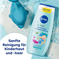 Gel douche, shampoing et après-shampooing NIVEA KIDS 3en1, soin et nettoyant pour enfants au parfum magique de pomme, soin extra doux et sans savon pour les cheveux et la peau des enfants (250 ml) Enfants - Bain et Soin Naty Shop