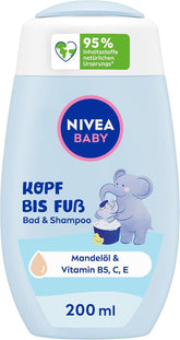 NIVEA BABY bain & shampoing tête aux pieds, shampoing doux vegan pour la peau et les cheveux des enfants à l'huile d'amande, gel douche relaxant à la formule hypoallergénique sans parabènes ni microplastiques (200 ml) Enfants - Bain et Soin Naty Shop Titre par défaut