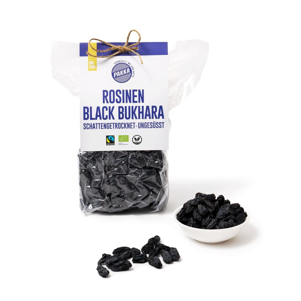 PAKKA - Raisins secs de Boukhara biologiques issus du commerce équitable 600 g de raisins noirs géants de Boukhara sans pépins séchés à l'ombre, sans huile, si collants, sans soufre, directement provenant de petits agriculteurs de Samarkand en Ouzbékistan 600 g Naty Shop Produits déshydratés Variante 1 : 600 g (lot de 1)