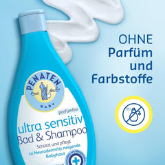 PENATEN Bain & Shampoing Ultra Sensible (400 ml), bain et shampoing bébé particulièrement doux pour la peau très sensible des bébés sujets aux névrodermites, gel douche et shampoing cheveux sans parfum ni colorant Enfant - Bain et Soin Naty Shop