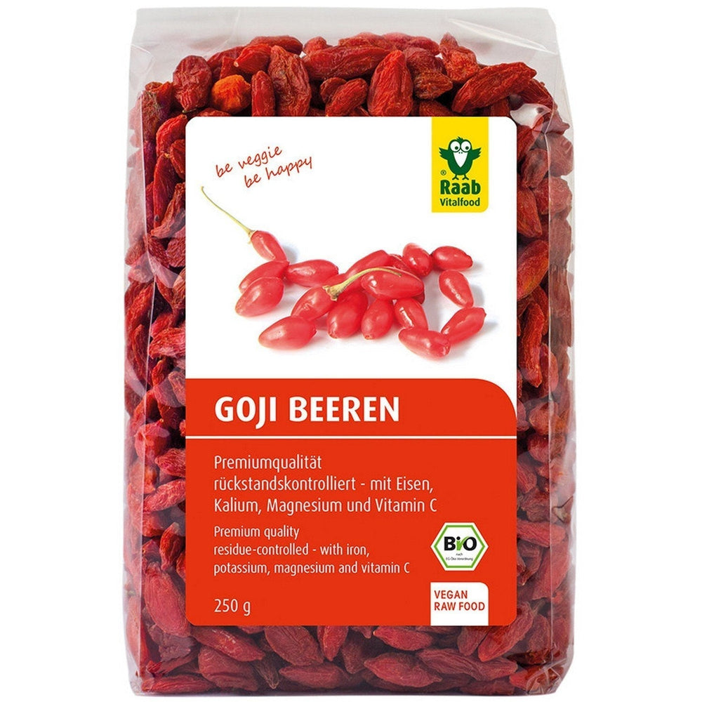 Baies de Goji biologiques Raab Vitalfood, haute qualité, contrôle des résidus, testées en laboratoire, sans soufre, sans additifs, végétaliennes, riches en fer naturel, potassium, vitamine C, goji, 1 paquet (250 g) Naty Shop Produits déshydratés 250 grammes