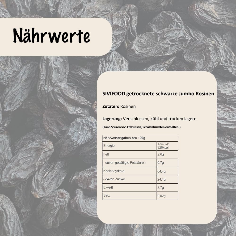 SIVIFOOD sultane negre jumbo 300g - sultane negre mari și delicioase de calitate superioară, uscate în mod natural struguri dulci fructiferi nesulfurați neîndulciți neîndulciți fără ulei fără aditivi Kishmish Produse deshidratate Naty Shop