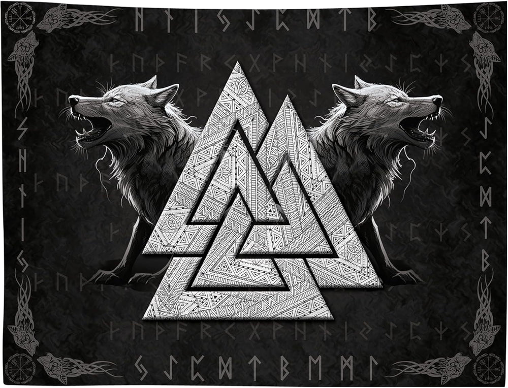 Tapisserie viking loup totem noir blanc méditation runes Maison - Accessoires et Décorations Naty Shop 200L X 150B Cm