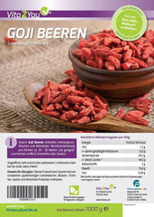 Vita2You Baies de Goji 1kg - baies de goji - séchées au soleil - sans soufre et sans additifs - 1000g - sachet zip - qualité premium Produits déshydratés Naty Shop