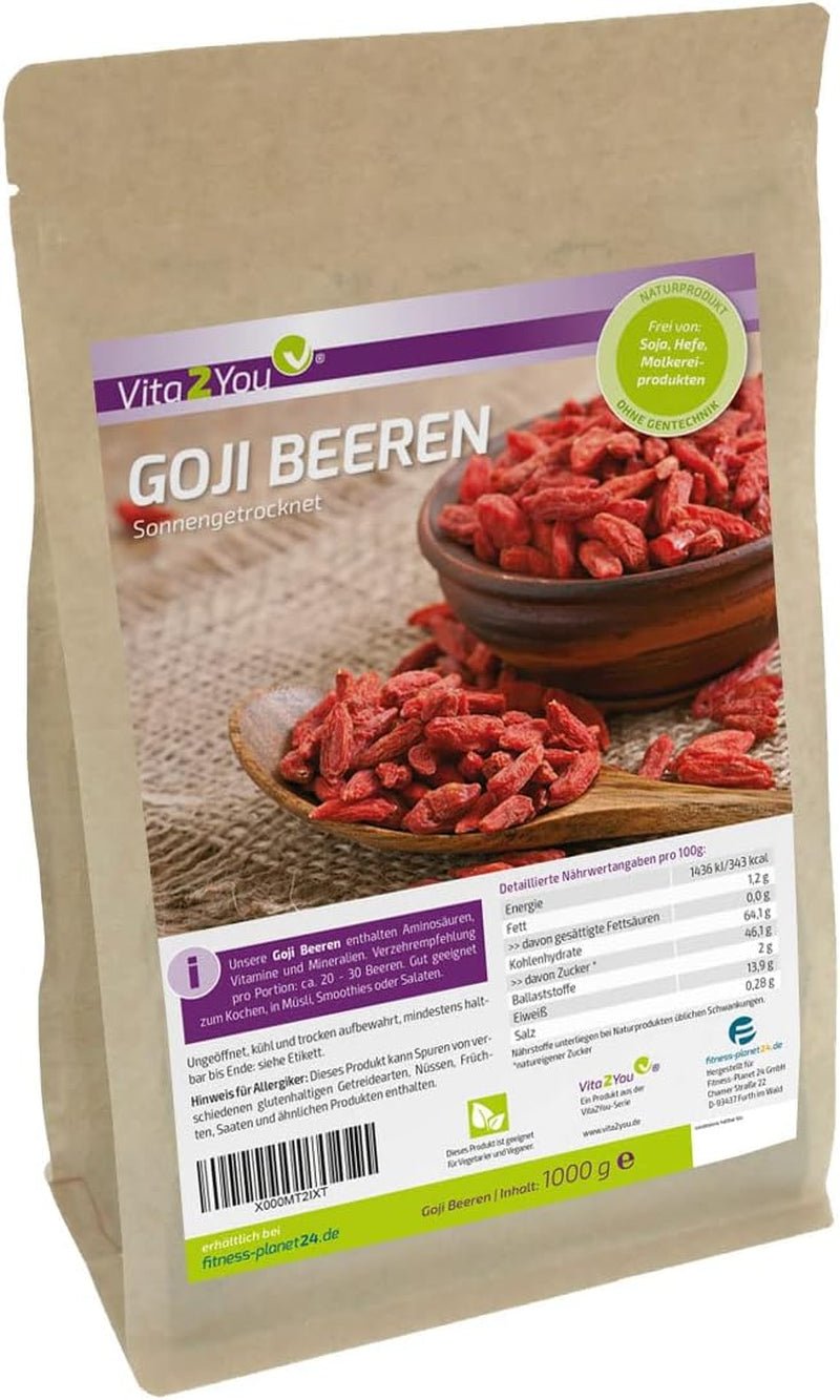 Vita2You Baies de Goji 1kg - baies de goji - séchées au soleil - sans soufre et sans additifs - 1000g - sachet zip - qualité premium Produits déshydratés Naty Shop Titre par défaut